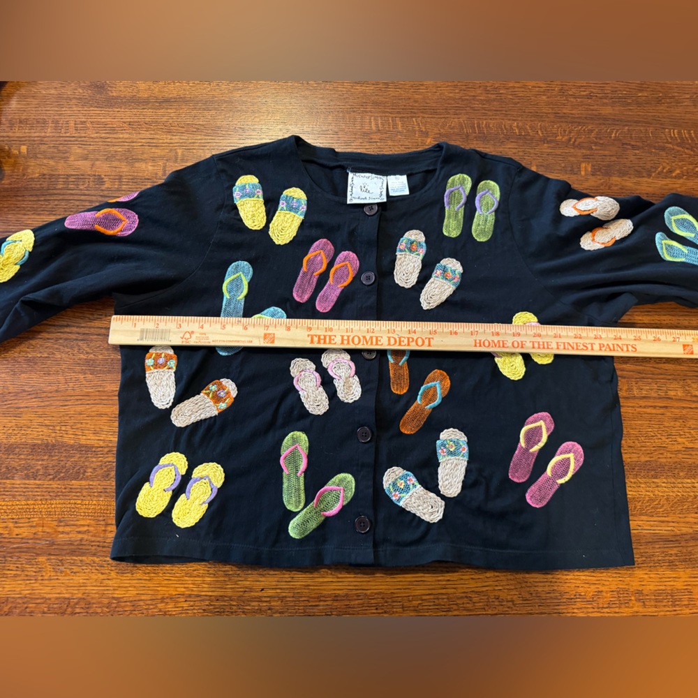 Michael Simon Black Cardigan with Multicolor Flip-Flop Appliqués - Picture 6 of 8
